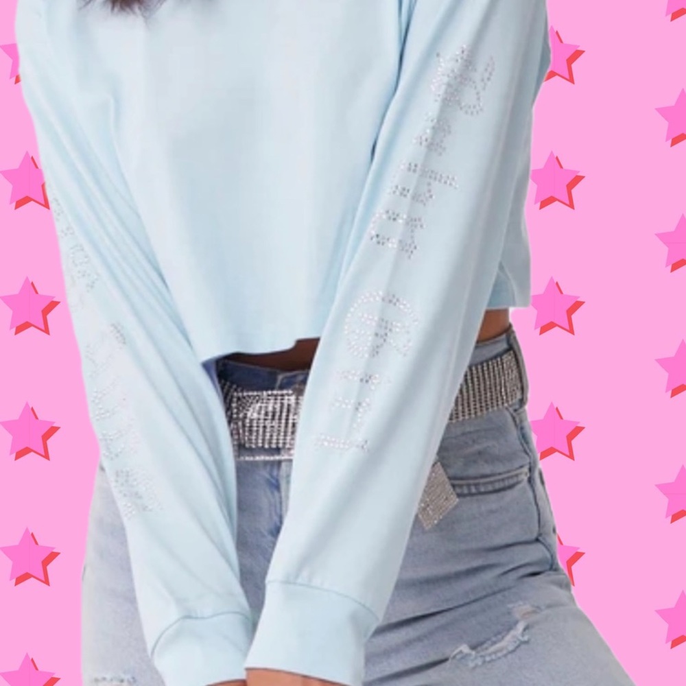 Forever 21 Baby Blue “Baby Girl” Y2K bedazzled Sleeve Cropped Top size s…
